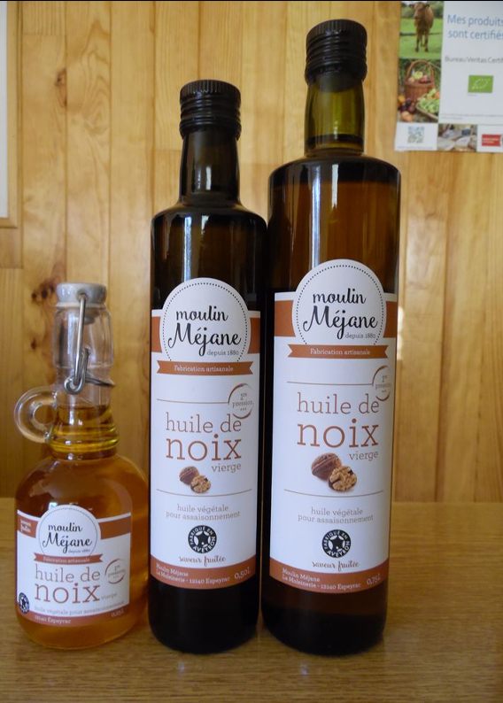 4 formats sont disponibles pour l'huile de noix du moulin Méjane.
